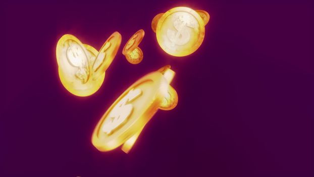 An optimistic 3d illustration of glittering dollar coins jazzing merrily in the dark violet background. They jump and whirl cheerfully and generate the mood of fortune, success and confidence