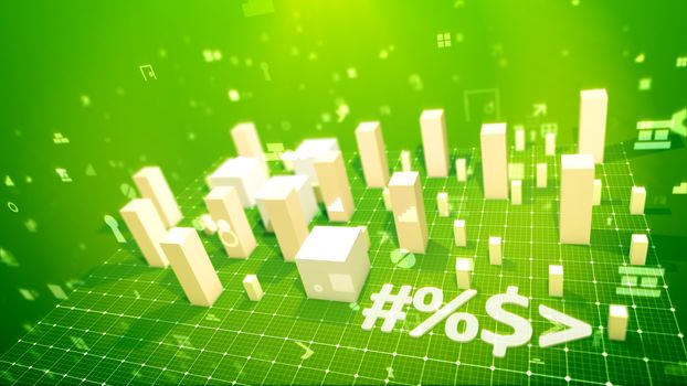 An exciting 3d illustration of a bar chart with rising rectangular columns meaning profit in the salad backdrop put diagonally with soaring spots, key holes, angles, windows and other pc symbols. 