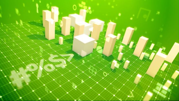 A glorious 3d illustration of a bar chart with surging columns denoting yield in the green backdrop placed askew with soaring zeroes, spots, key holes, angles and other computer symbols. 