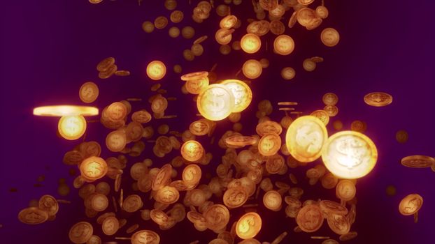 A happy 3d illustration of shimmering round dollar coins soaring like a flow in the dark violet background. They rotate and sparkle optimistically and give the feeling of triumph