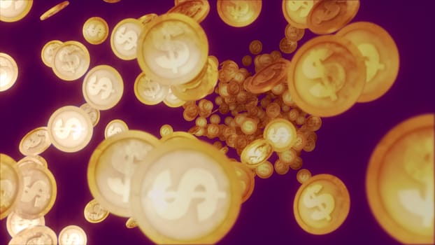 A cheery 3d illustration of playing golden dollar coins bouncing and spinning in the dark violet background. They dance and shine optimistically giving the feeling of wealth and success.