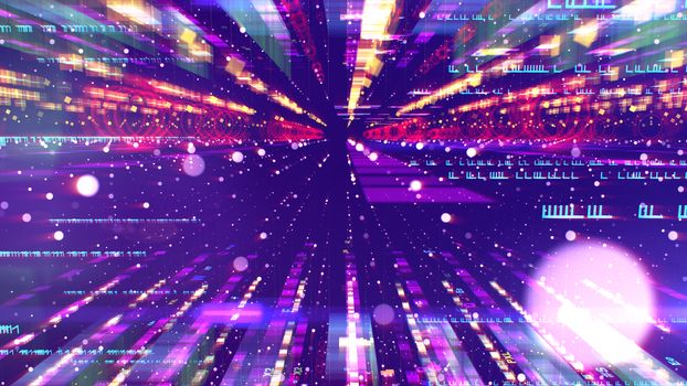 A cutting edge 3d illustration of a sparkling colorful space configuration looking like a bunch of extra long columns forming a time tunnel for advanced spaceships in the violet background.