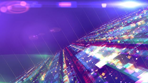 An innovative 3d illustration of a flying saucer and a space station put diagonally with several surfaces imposed on each other. They are see-through and light, sparkling in the violet background.