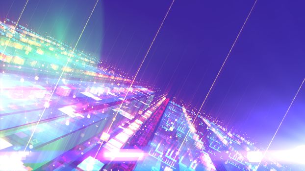 A stunning 3d illustration of a computer space structure depicted in a holographic way with flat surfaces fixed to each other. They are glittering, technological and have advanced forms.