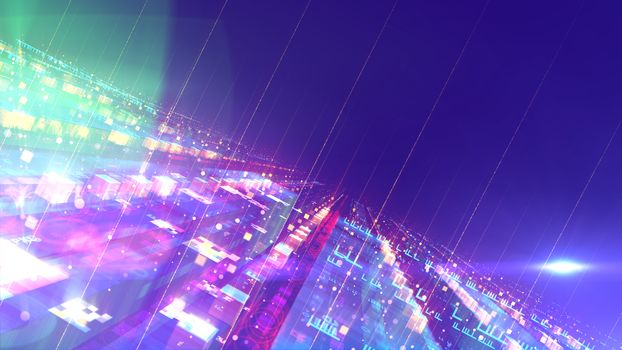 A fantastic 3d illustration of a space design construction put aslant with several structures located on each other. They are shining, crystalline and have enigmatic forms in the blue background.