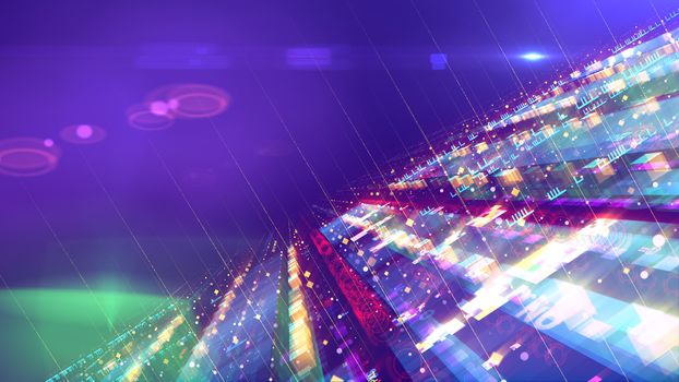 An impressive 3d illustration of a soaring UFO looking like two united circles flying over some holographic alien space station, having some advanced and unusual forms.