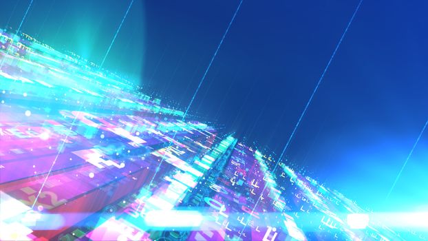 An impressive 3d illustration of a sparkling space techno construction put askew with perplexing figures of lego type fixed to each other. They have transmitting long antennae in the blue background.
