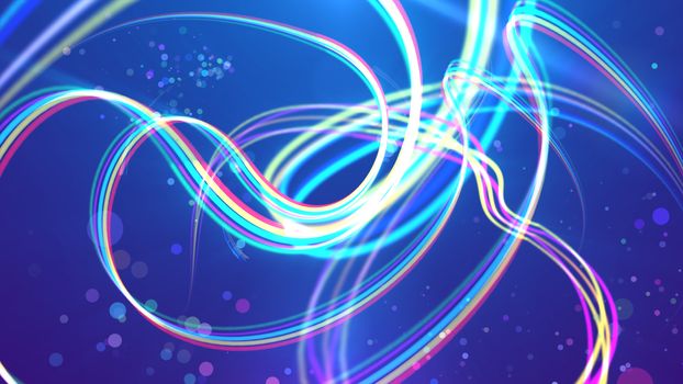 An exciting 3d illustration of colorful rainbow stripes making wavy turns and loops in the blue background. Some crystalline clear spots are soaring between them cheerfully.