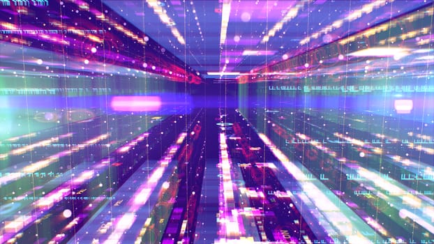 3d illustration of a sloping space design construction with several surfaces imposed on each other. They look like sparkling giant skyscrapers flying close to each other in the violet universe.