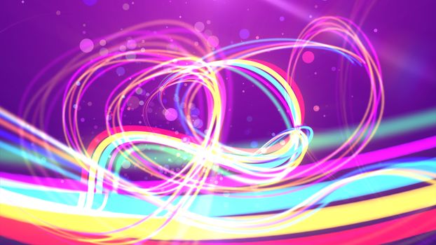 A funny 3d illustration of colorful multicolored rainbow strokes curling and spinning happily in the violet backdrop. Many see-through bubbles are soaring optimistically between them. 