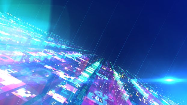 A wonderful 3d illustration of a slanting space design structure with sparkling flat surfaces and antennae fixed to them. Some bright flying saucer is soaring nearby in the blue background.