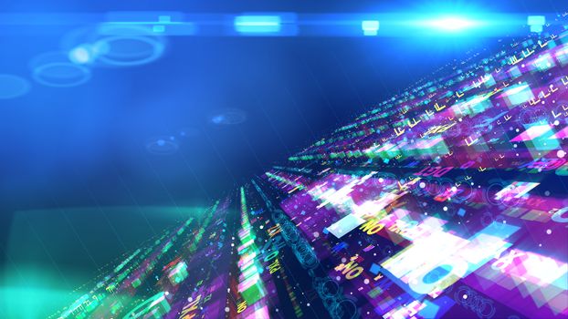 A far-fetched 3d illustration of a shimmering space station with smooth and multicolored surfaces with rectangular modules on them and flying saucers looking like joined circles in the blue galaxy.