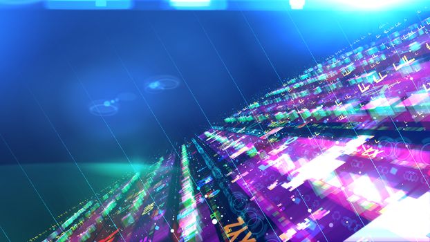 A striking 3d illustration of a flickering space station with level and multicolored surfaces with rectangular houses on them and flying spaceships resembling circles in the blue universe.