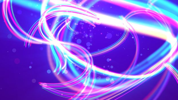 A merry 3d illustration of yellow, white and purple strokes twisting and flying in a happy way in the light violet background. See-through big and small soap bubbles fly around cheerfully.