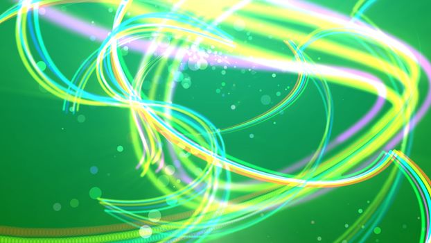 An inspiring 3d illustration of yellow, white and violet strokes spinning and flying in a childish way in the light green background. Many see-through spots are dancing between them cheerfully.