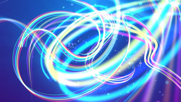 A hilarious 3d illustration of entertaining multicolored rainbow stripes curling and playing merrily in the blue background. Dozens of big and see-through soap suds fly joyfully between them. 