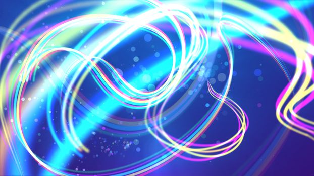 An optical art 3d illustration of colorful rainbow stripes shaping curly turns and loops in the blue backdrop. Many transparent bubbles are moving cheerfully and happily between them. 
