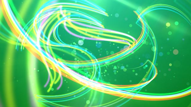 A romantic 3d illustration of golden, white and violet stripes frolicking and whirling in a joyful way in the light green background. A lot of transparent bubbles are flying between them happily.