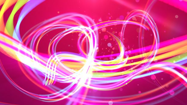 A tender 3d illustration of golden, white and orange stripes playing and whirling in a joyful way in the purple background. A lot of romantic and transparent bubbles are flying between them.