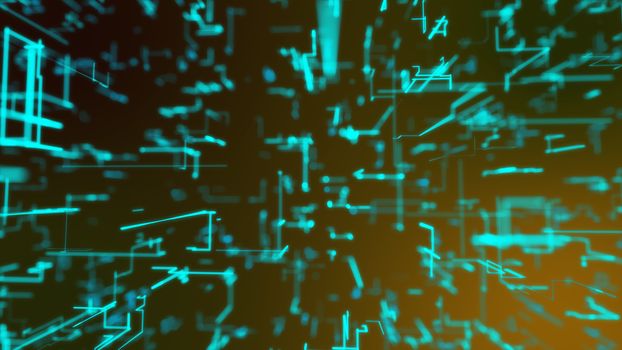 A computer graphics 3dillustration of a grid of blue crisscross matrix channels shimmering and flying in a futuristic way in the black background. All of them are fixed in one techno structure