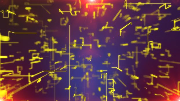 3d illustration of a grid of golden zigzag matrix lines glittering in the dark violet background. All crisscross lines are connected in one technological structure. Bright spots are shining too.