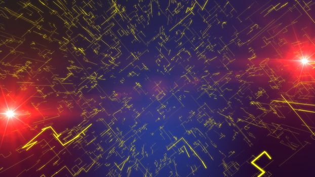 3d illustration of a grate of yellow zigzag matrix lines shining in the dark violet background. All crisscross stripes are linked in one technological construction. Two red spots are sparkling too