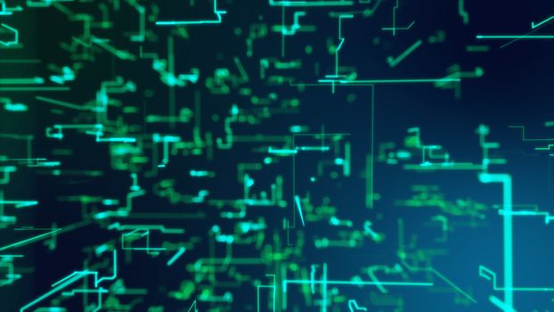 A cyberspace 3d illustration of a network from blue crisscross matrix connections shining and moving horizontally in the black background. All of them are united in one techno configuration