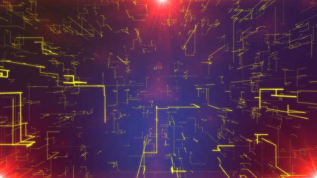 A technological 3d illustration of a grate of golden zigzag matrix plates shining in the violet background. They form some advanced communication cyberspace system with three purple plasma spots