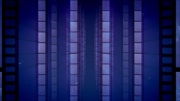 A vintage 3d illustration of vertical film tapes with black fringes with spots. They are placed in the dark blue background. They create the mood of creativity, optimism and high art.