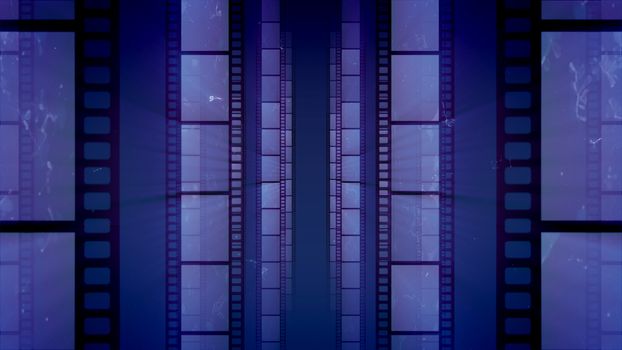 An amazing 3d illustration of vertical film stripes with black fringes and spots. They have some blurred images placed in the dark blue background. They produce the mood of art and success.