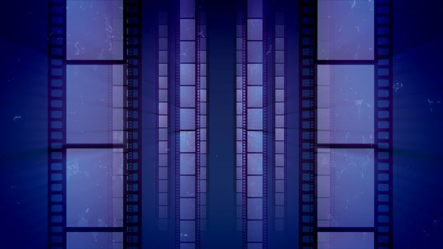 A retro 3d illustration of vertical film tapes changing each other as if they are shot in a dolly in way. They are placed in the blue background. They create the mood of creativity and art.