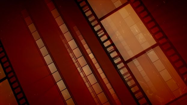 A retro 3d illustration of diagonally placed straight film tapes moving forward in the brown background. They create the feeling of high professionalism, creativity and nostalgia
