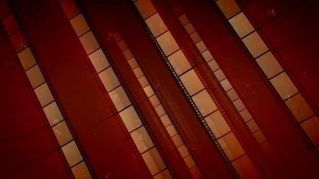 An arty 3d illustration of slanting straight film tapes of light and dark brown colors. They create the feeling of high professionalism, creativity, optimism and nostalgia for Hollywood cinema.