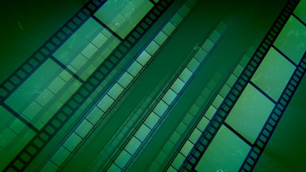 A stunning 3d illustration of salad straight film tapes put diagonally moving forward in the dark green background. They generate the feeling of nostalgia, Hollywood art, inspiration and luck