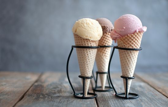 Three traditional ice cream cones