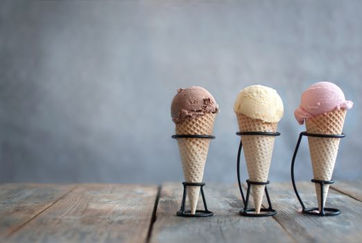 Three traditional ice cream cones