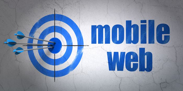 Success web development concept: arrows hitting the center of target, Blue Mobile Web on wall background, 3D rendering