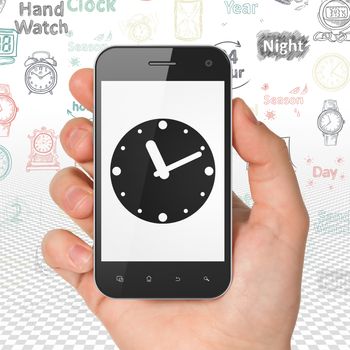 Time concept: Hand Holding Smartphone with  black Clock icon on display,  Hand Drawing Time Icons background, 3D rendering