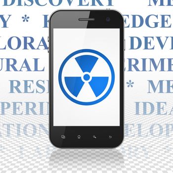 Science concept: Smartphone with  blue Radiation icon on display,  Tag Cloud background, 3D rendering