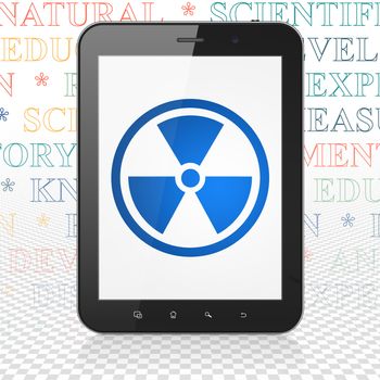 Science concept: Tablet Computer with  blue Radiation icon on display,  Tag Cloud background, 3D rendering