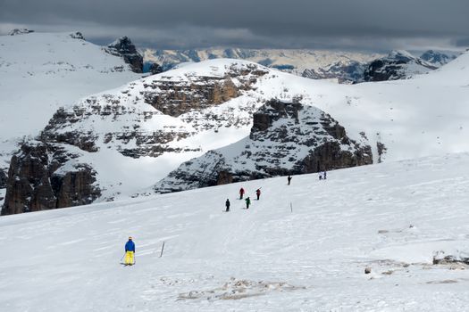 People Skiing from Sass Pordoi in the Upper Part of Val di Fassa