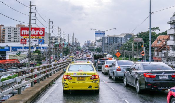 BANGKOK THAILAND - July 14 2018 :Traffic jam after rain at Ladprao road in Bangkok, Thailand.