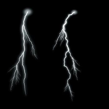 White lightning with a glow isolated over black background, photo realistic illustration. For the best effect set the layer with the lightning to screen mode.