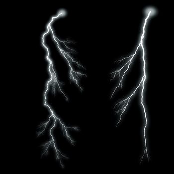 White lightning with a glow isolated over black background, photo realistic illustration. For the best effect set the layer with the lightning to screen mode.