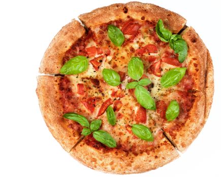 Freshly Baked Margherita Pizza with Tomatoes, Cheese and Basil Leafs isolated on White background. Top View