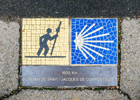 Camino de Santiago pilgrimage sign in Chartres, France. The sign reads: 1625 km Way of St James.