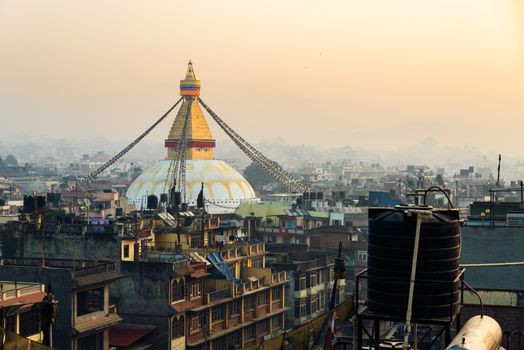 Boudhanath stupa at sunset, in Kathmandu, Nepal