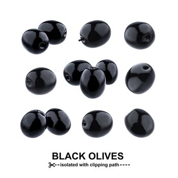 Olives collection. Black olive isolated on white background with clipping path, close up