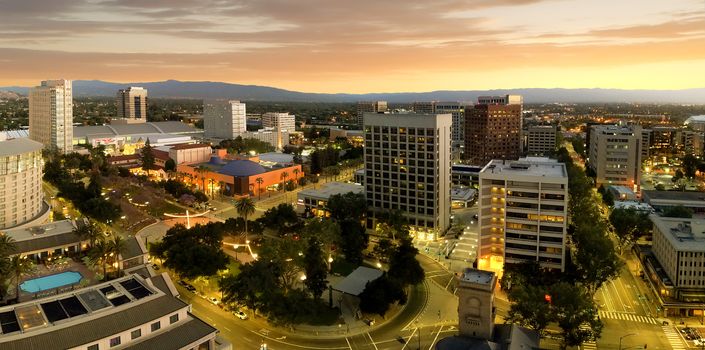 San Jose is considered the capitol of Silicon Valley, a famous high tech center of the world. This panoramic shot shows how San Jose downtown looked like one summer night in 2018 right after the sunset.