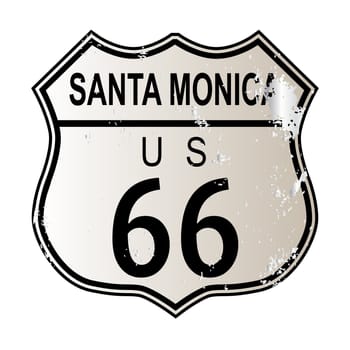 Santa Monica Route 66 traffic sign over a white background and the legend ROUTE US 66